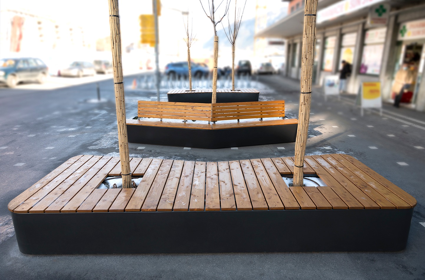 Mobilier urbain Modeve. Ville de Sion Place de la Gare Collection ARROW